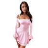 Otoño 2025 Color Sólido Sencillo Sexy Elegante Espalda Descubierta Hombro Descubierto Manga Larga Acampanada Vestido Corto Ropa de Mujer Chica Hot