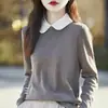 Suéter de Tricô Liso 100% Lã Feminino Estilo Coreano Gola Boneca Color Block Pulôver Falso Duas Peças Modelagem Solta Emagrecedor e Rejuvenescedor