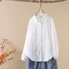 Top de camisa azul para mujer, nuevo estilo 2026, literario y casual, versátil, con cuello de solapa, adecuado para primavera y otoño, hecho de hilo de algodón puro, camiseta interior de manga larga
