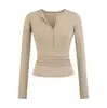 Camiseta de Manga Longa com Botões e Decote V em Tencel Atacado Feminina Slim Francesa Sexy Camisa para Camada Interna Pura Luxúria Top Sexy