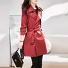 Elegante trench coat estilo coreano para mulheres, novo 2026 primavera e outono vermelho slim fit de abotoamento duplo comprimento médio