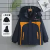 Conjunto de corta-vento infantil em blocos de cor, jaqueta três em um para crianças maiores, espessada e forrada com fleece para primavera, outono e inverno, com características removíveis