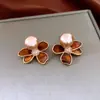 Brincos de Prata Banhada a Ouro Real com Agulha de Prata, Zircônia, Pérola com Gotejamento de Óleo, Flor, Atmosfera Outono/Inverno, Brincos de Luxo Leve, Brincos de Alta Qualidade