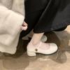Versão em Couro de Vaca~Novo Estilo Primavera e Outono Sexy Bico Redondo Salto Bloco Salto Alto Couro Genuíno Sapatos de Uma Sola Mary Jane Sapatos Femininos