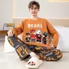 Pijama para Hombre Manga Larga Algodón Puro Primavera y Otoño Delgado Estudiante Joven Dibujos Animados Ropa de Casa Holgado Tallas Grandes Traje