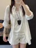 Camisa de linho roxa chique e bonita para mulheres, camisa de algodão-linho solta de verão com proteção solar de manga comprida, um top muito estiloso e etéreo