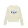 Camiseta feminina de gola redonda, ombro reto, manga longa, novo estilo primavera e outono, estampa floral azul de desenho animado, caimento justo, versátil, top doce e ousado para meninas