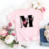 Camiseta rosa niña letra flor linda estilo ins dulce top manga corta creativa verano 2022 transfronterizo