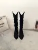 Abertura Grande para Panturrilha Corte em V Botas de Montaria Longas Femininas 2026 Outono/Inverno Novas Salto Grosso Bico Fino Recorte Chelsea Western Cowboy Botas Plissadas