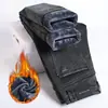 Calças jeans masculinas de outono e inverno, forradas com fleece, grossas, de corte slim, perna reta, com stretch, estilo 2008, modelo popular, calças jeans compridas