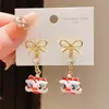 Pendientes de Moneda de Cobre con Forma de Lazo de León y Gota de Aceite de Perla Artificial Estilo Chino Nuevo, Pendientes de Moda de Estilo Nacional Nicho de Gama Alta