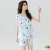 Traje de verano de algodón y seda para mujer, shorts finos de manga corta, ropa casual para el hogar, pijama con volantes, se puede usar para salir, anti-transparencias