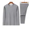 Conjunto térmico masculino de inverno, camada base justa para outono e inverno, veludo alemão dupla face, autocalor, top e calça de outono à prova de frio para meia-idade
