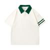 Polo de Algodão Puro com Ombro Caído Color-Block Listrado Duplo e Gola Polo, Blusa de Algodão com Amoníaco Líquido, Uniforme de Formatura de Estudante com Bordado de Logotipo Personalizado
