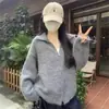 Cárdigan de Punto de Color Sólido Estilo Casual para Mujer, Versión Coreana, Corte Holgado, Cuello Solapa, Suéter Abrigo con Doble Cremallera, Lana de Alpaca para la Temporada Navideña