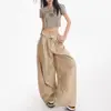 Calça longa de perna larga, cintura alta, com punhos, estilo de rua americano cáqui para mulheres, solta e modeladora, casual, perna reta, moderna