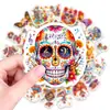 Novo conjunto de 50 adesivos de caveira do Dia dos Mortos Mexicanos transfronteiriço com decorações florais coloridas, à prova d'água, adequado para cadernos e garrafas de água