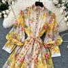 Vestido estilo vacaciones para mujer, elegante, con cuello mao, manga farol, abotonadura sencilla, hebilla en la cintura, chifón estampado, falda larga de vuelo amplio