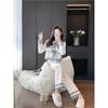 Conjunto de Roupa de Primavera Estilo Tweed para Mulheres 2025 Novo Look Emagrecedor e Rejuvenescedor Elegante Casual Esportivo Calça de Pernas Largas Conjunto de Duas Peças