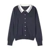 Suéter cárdigan con solapa de color contrastante para mujer 2026 Otoño Nuevo Ajuste ceñido Petite Suéter corto de punto Chaqueta Top