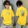 Camiseta de algodón de manga larga estampada para niños, moderna y sencilla, camiseta básica de retazos a rayas estilo coreano, top de imitación de dos piezas, estilo ins