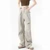 Calça cargo retrô americana com rebites para mulheres, novo estilo outono cintura alta emagrecedora perna larga reta plissada vibe calça cinza
