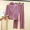 Nuevo conjunto de capa base cálida de otoño e invierno cepillada y engrosada con cuello semialto para mujer, con camiseta de manga larga y conjunto de dos piezas de forro polar térmico