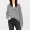 Suéter de Tricô com Gola Redonda, Aplicação de Renda, Tricô Falso Duas Peças, Suéter Feminino e Simples com Gola Henley para Mulheres, Roupa Feminina para Exportação
