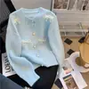 Casaco de Tricô com Laço Estilo Doce Feminino Início do Outono Suéter Macio e Sedoso de Alta Qualidade Cardigã Elegante Estilo Coreano com Fecho de Pérola