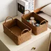 Cesta de Almacenamiento Tejida de Paja con Doble Asa Cesta de Almacenamiento para Mesa de Café y Snacks Organizador de Artículos Varios Tejido a Mano Caja Organizadora Cesta de Almacenamiento para Cosméticos