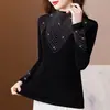 Blusa Feminina Tendência Outono Nova Preta Slim-Fit com Strass, Gola Meia-Alta, Alta Elasticidade, Camiseta Básica Plus Size
