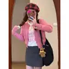 Cardigã de tricô bordado rosa framboesa feminino outono e inverno novo estilo petite slim curto casaco de suéter fino