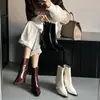 Botas de tornozelo bico fino para mulheres, moda elegante preta, emagrecedoras e versáteis, salto grosso, estilo francês, elásticas, botas justas, nova coleção 2025
