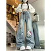 Chao Li Youhuo desenho de bordado de toalha de desenho animado calça jeans com foice para mulheres, outono solta emagrecedora casual de perna larga comprimento total