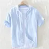 Camisa de linho de verão homens manga curta fina solta respirável linho de algodão branco meia manga casual cor sólida camisa masculina cs