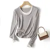 Moda Coreana de Moda Empalmado Falso Dos Piezas Terciopelo Tencel Lana Cuello Redondo Elástico Aspecto Adelgazante Camiseta Interior Camiseta