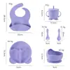 Conjunto de 6 peças de prato de jantar infantil de silicone, talheres para bebê, prato de jantar de silicone infantil, fundo com ventosa, conjunto divisório portátil, à prova de choque, utensílios para comida de bebê