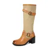 Botas de Cavaleiro Color Block Femininas Botas Polidas Outono/Inverno Novidades Fivela de Couro Salto Grosso Salto Médio Botas Altas Botas de Cano Reto Femininas