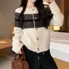 Cardigan de Tricô Listrado Color Block com Gola Redonda Novo Design Outono e Inverno Feminino Estilo Coreano Temperamento Emagrecedor Versátil Casaco Suéter