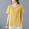 Foto Real Verano 2025 Camiseta Artística Vintage de Algodón y Lino Suelta Adelgazante Cuello Redondo Casual Manga Corta Top para Mujer