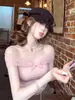 Camiseta rosa de manga corta con retazos de malla y hombros descubiertos para mujer, única y hermosa, corta y ajustada, top de verano para chicas con estilo