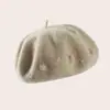 Boina bege de lã pura estilo japonês, feita à mão com strass, para mulheres, moda outono e inverno, boina versátil, quente e estilosa para mulheres