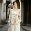 Conjunto de Moda Personalizado Estilo Chinês Novo Tendência Nacional para Mulheres Verão 2026 Novo Top Estampado de Renda com Cadarço Solto Calça de Perna Larga