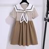 Meninas vestido de verão novo estilo universitário infantil gola marinha vestido de princesa bebê listrado manga curta vestido elegante