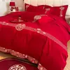 Nuevo Juego de Cuatro Piezas de Algodón Bordado Estilo Chino de Alta Gama para Boda, Sábana Roja Brillante, Funda de Edredón de Algodón Puro, Ropa de Cama para Boda