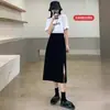 Falda Negra de Longitud Media para Mujer Verano Delgada de Seda de Hielo Cintura Alta Abertura Ajustada Cubierta Talla Grande Falda Línea A para Chicas Gorditas