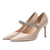 Otoño 2025, nuevo estilo francés, zapatos Mary Jane blancos puntiagudos con diamantes de imitación y tacón de aguja, elegantes zapatos individuales de charol para mujer