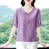 Nueva Camisa Bordada de Algodón y Lino Talla Grande para Mujer, Nueva Moda de Verano, Top Holgado de Manga Corta con Cuello en V que Reduce la Edad para Mamás