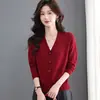Nuevo Cárdigan de Punto con Cuello en V y Bolsillos con Hilo Dorado para Mujer, Abrigo Suéter de Seda Brillante de Cintura Alta, Ropa de Abrigo al por Mayor