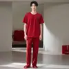 Pijama de Algodón Lycra para Mujer, Rojo Festivo Sencillo Casual de Manga Corta y Pantalón Largo para Pareja de Recién Casados, Conjunto de Ropa para el Hogar para el Año de Nacimiento
